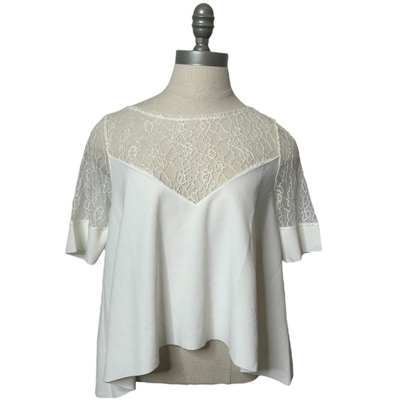 Zara White Short Sleeve Contrast Lace V-Neck Flowy Crop Blouse Size Medium - Picture 2 of 16